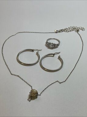 925 Silver Hoop Earrings, Pavé Ball AvonNecklace & Crystal RingSz7 Set - Silver
